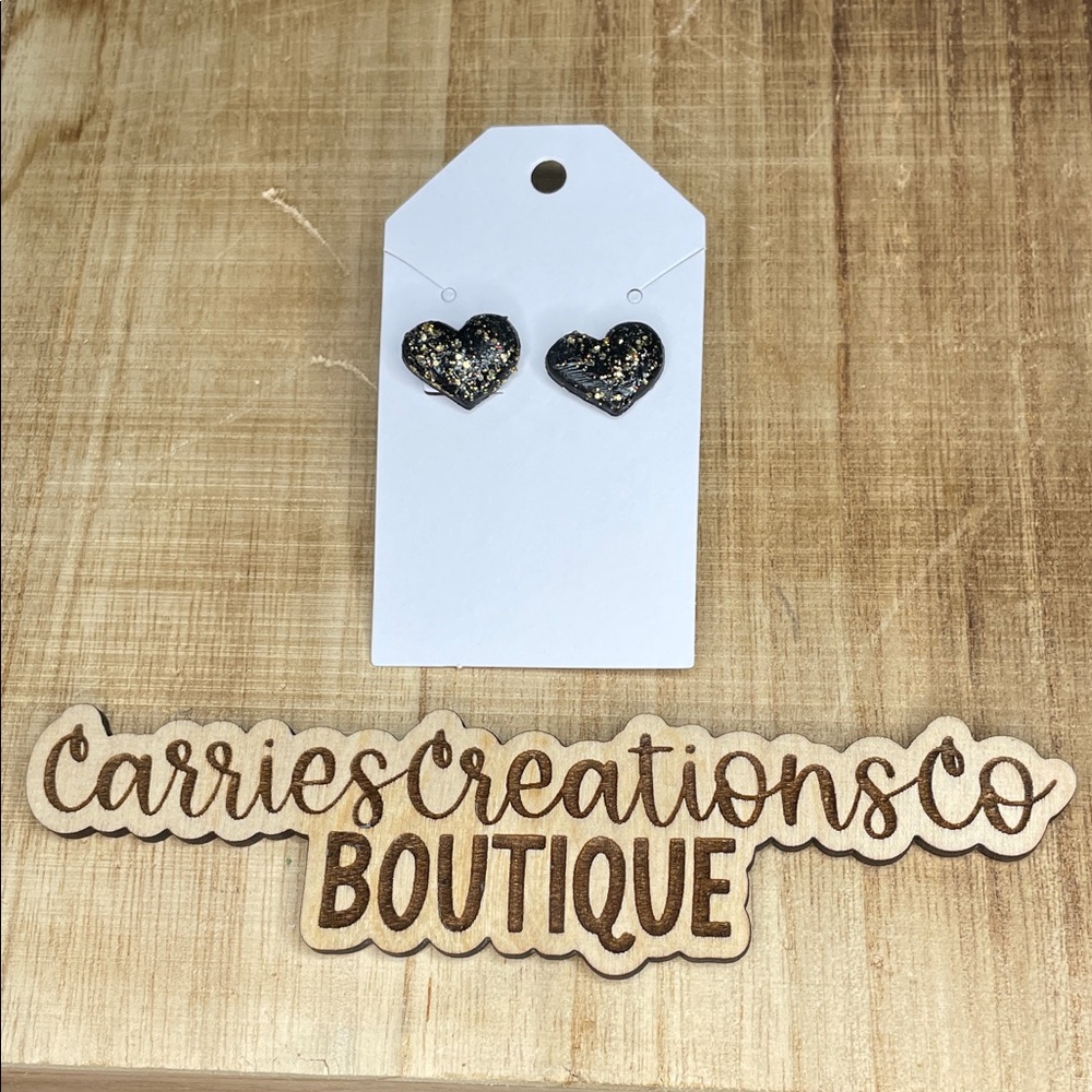 CarriesCreationsCo Black Heart Glitter Stud Earrings